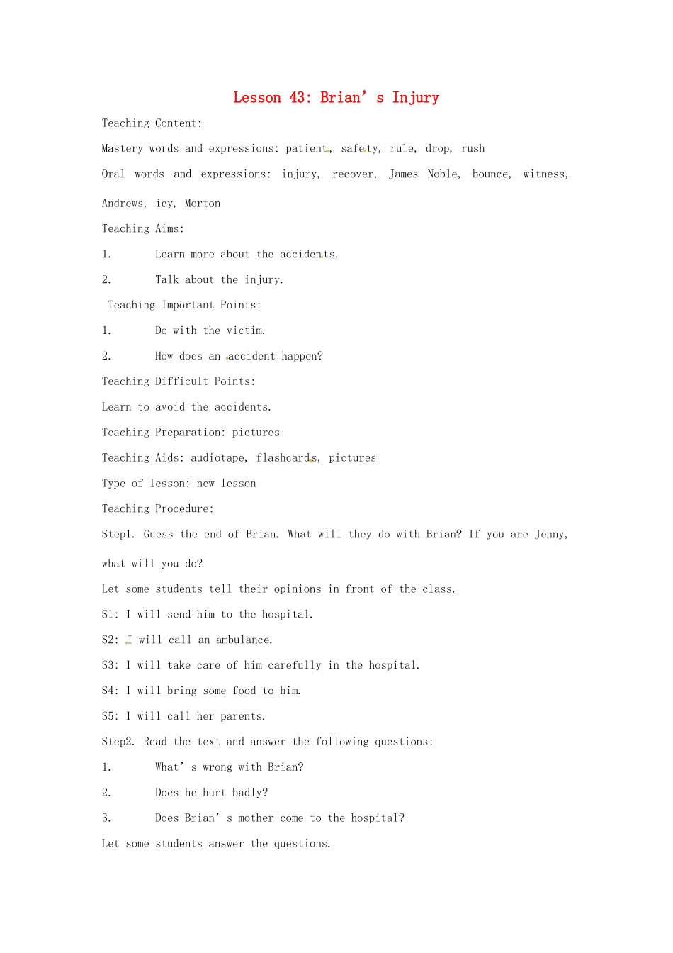 九年级英语下册 Unit 6 Accidents Lesson 43教案 冀教版_第1页