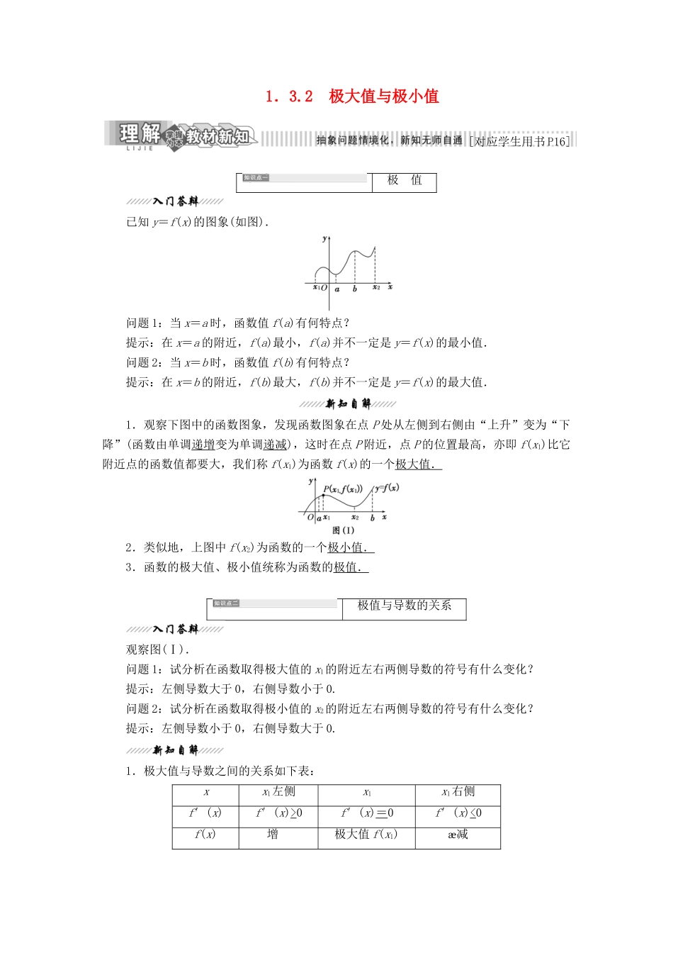 高中数学 第1章 导数及其应用 1.3 导数在研究函数中的作用 1.3.2 极大值与极小值讲义（含解析）苏教版选修2-2-苏教版高二选修2-2数学教案_第1页