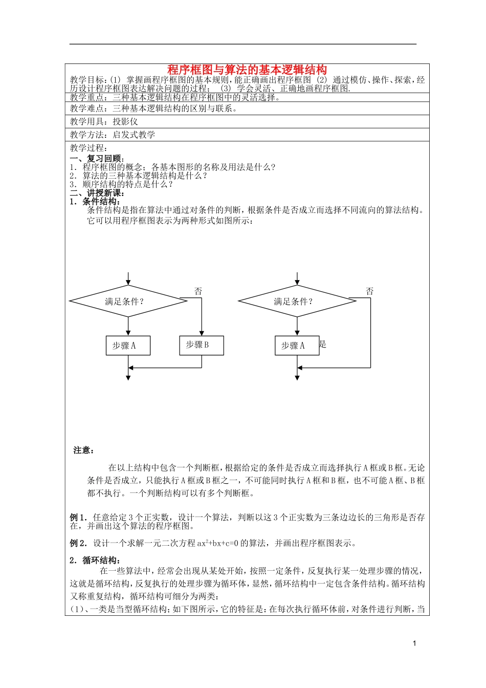 高中数学 程序框图与算法的基本逻辑结构（2）教案 新人教A版必修3_第1页