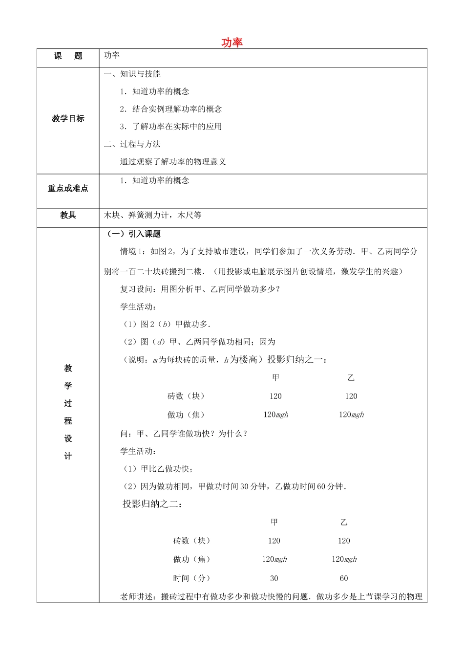 中考物理 功率复习教案-人教版初中九年级全册物理教案_第1页