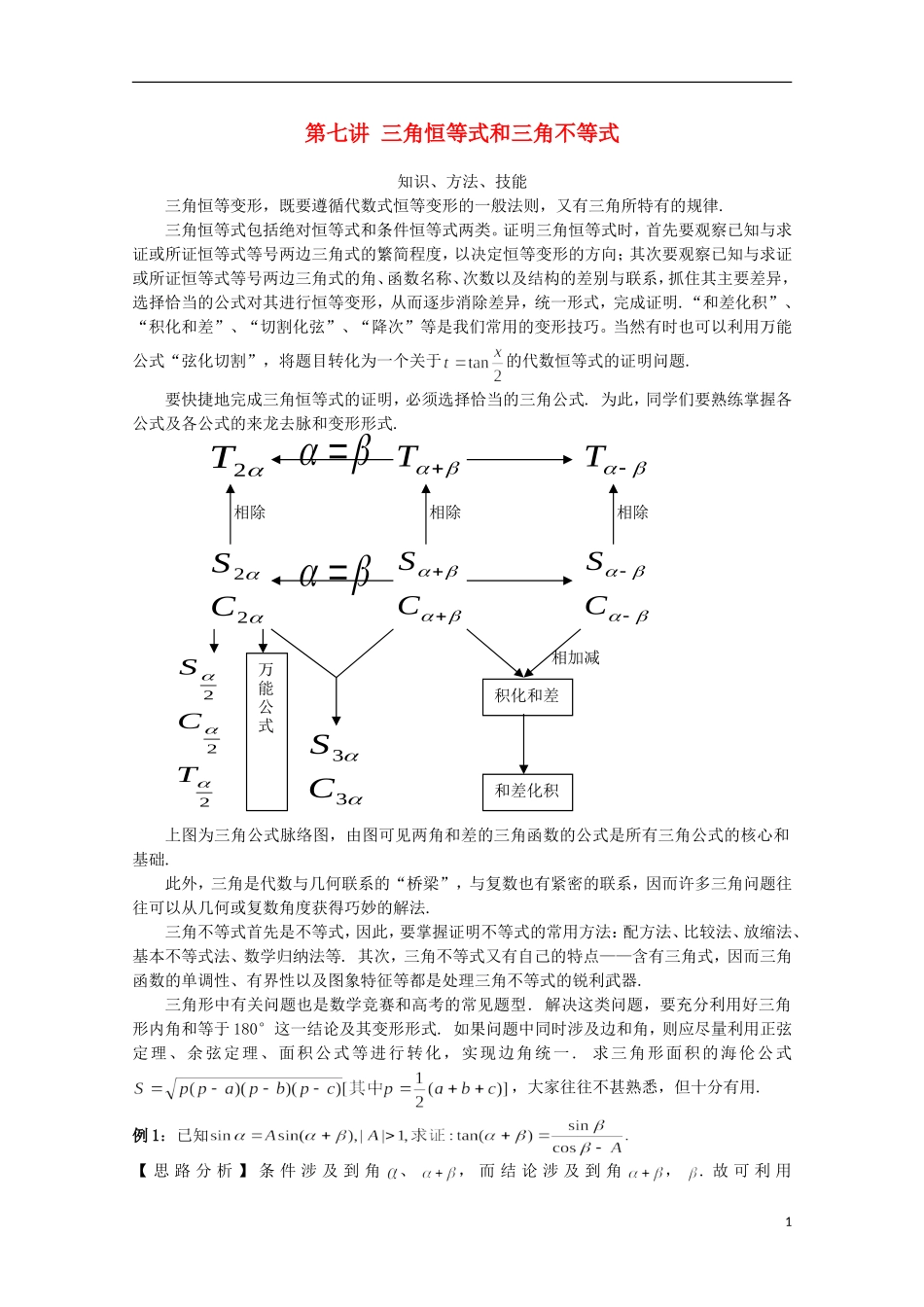 高中数学 奥赛辅导精品第七讲 三角恒等式和三角不等式_第1页