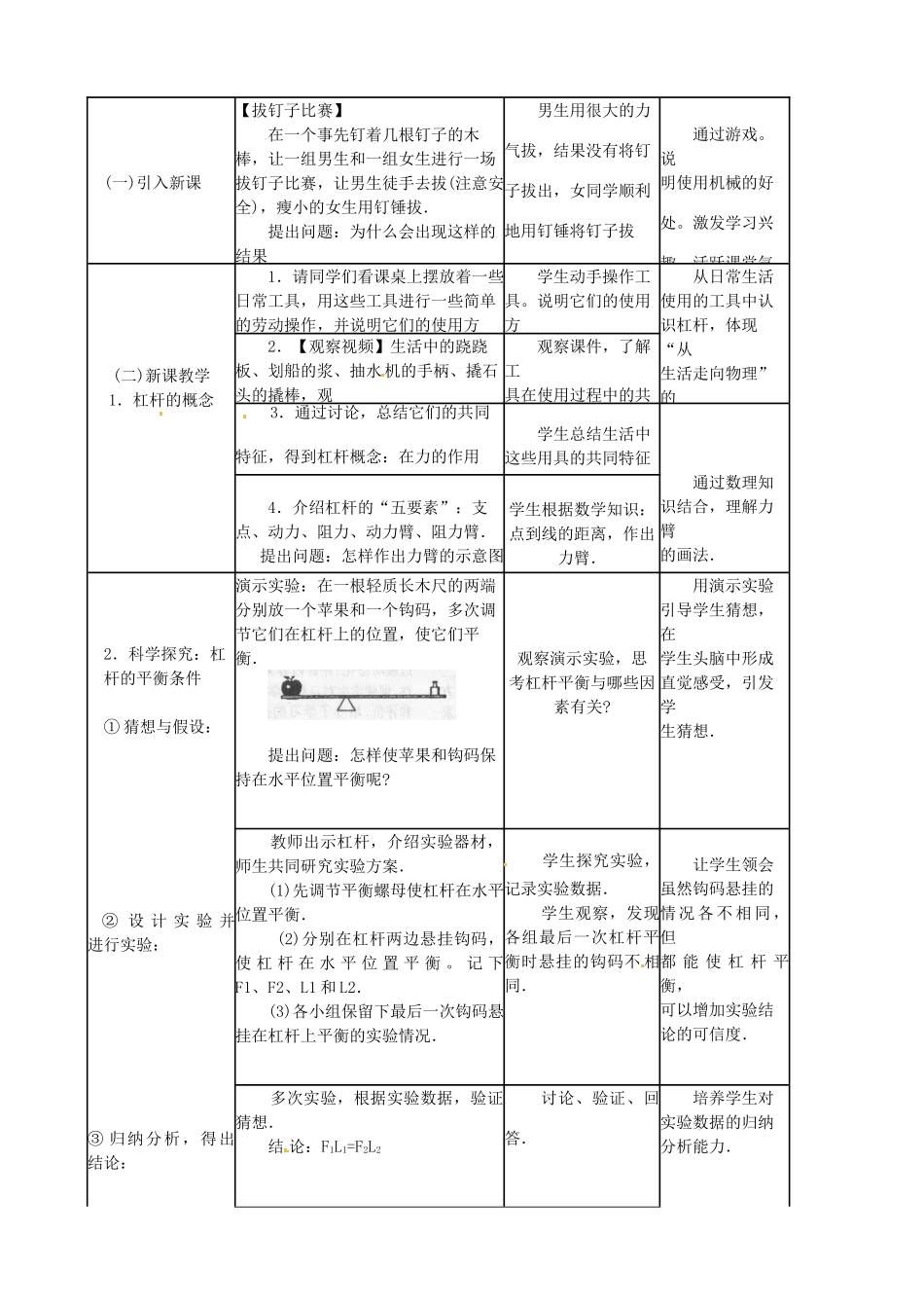 八年级物理 9.1 科学探究：杠杆的平衡条件教案 沪科版_第2页