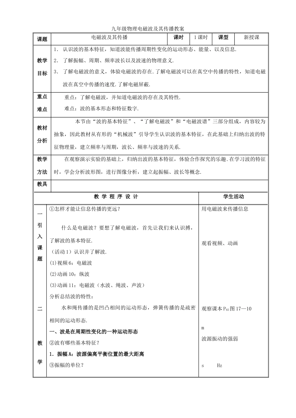 九年级物理电磁波及其传播教案 苏教版_第1页