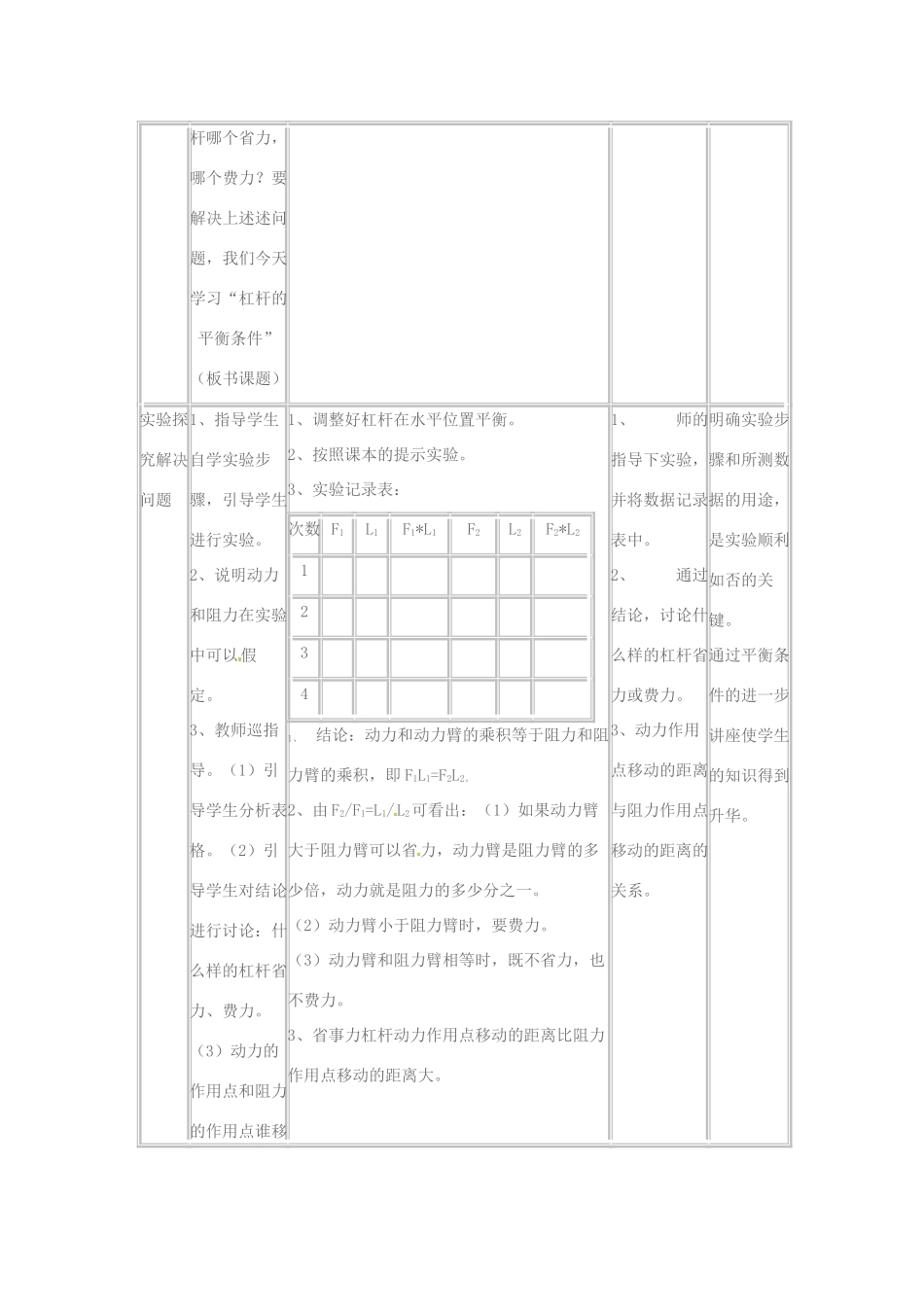 八年级物理全册 10.1 杠杆的平衡条件教学设计 （新版）沪科版-（新版）沪科版初中八年级全册物理教案_第3页