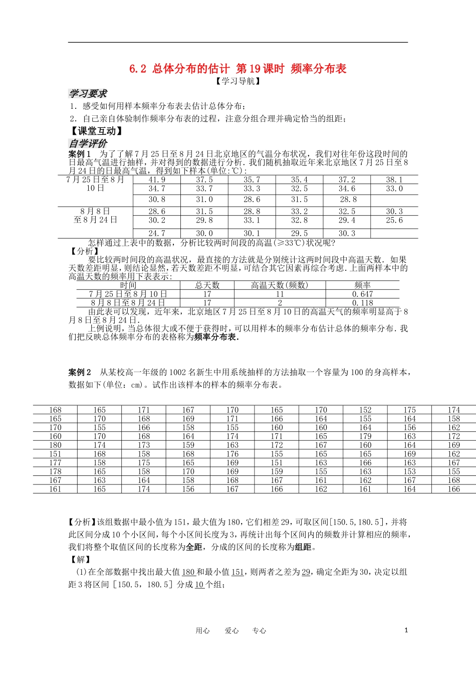 高中数学 6.2.1《频率分布表》教案 苏教版必修3_第1页