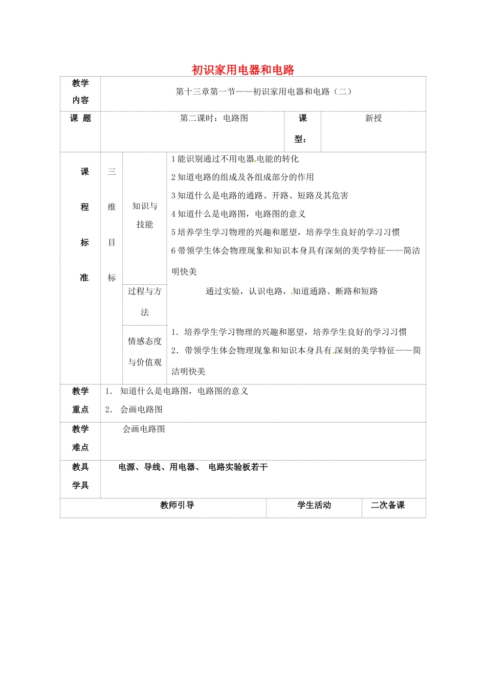 九年级物理上册 13.1 初识家用电器和电路教案2 苏科版-苏科版初中九年级上册物理教案_第1页