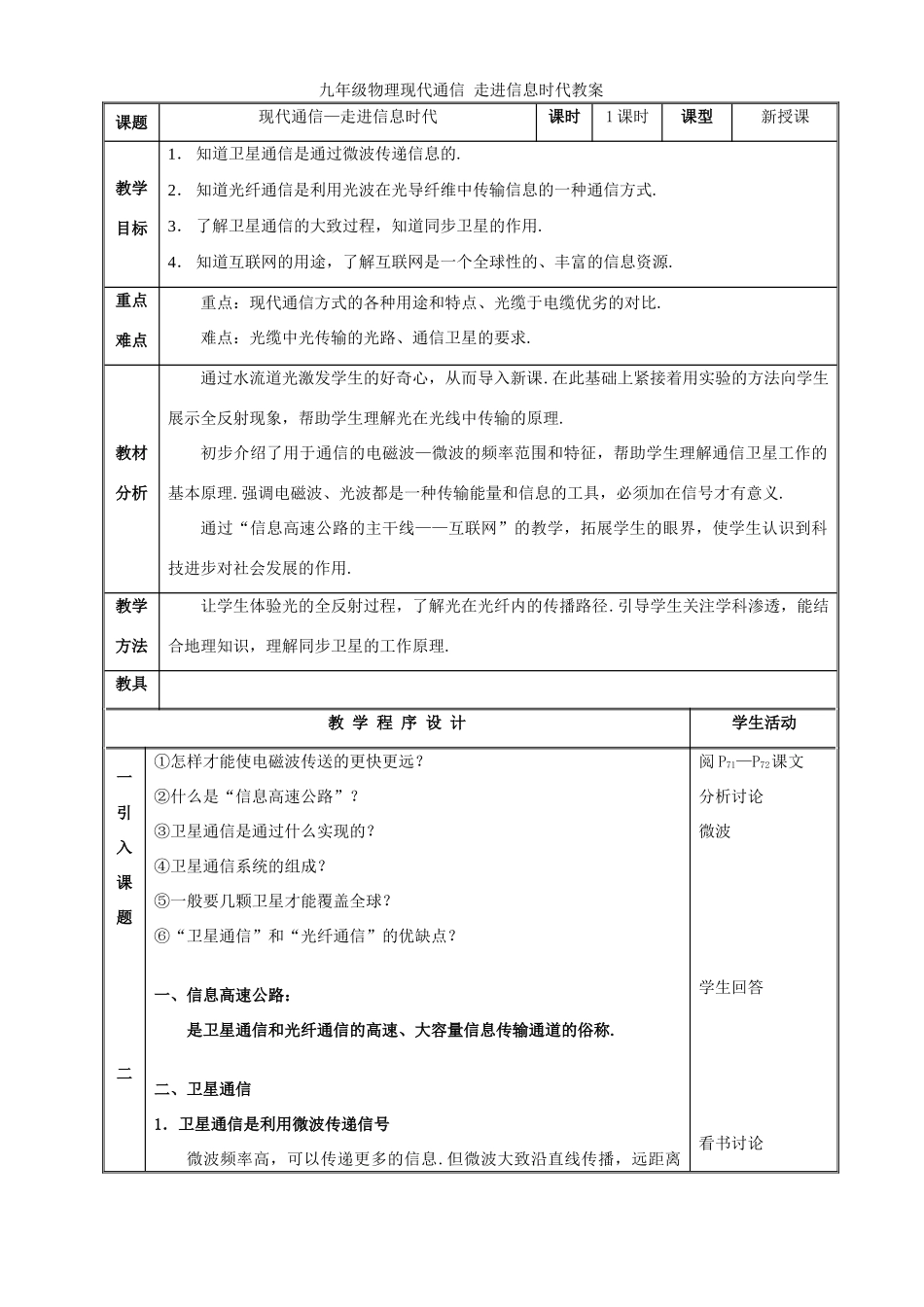 九年级物理现代通信 走进信息时代教案 苏教版_第1页