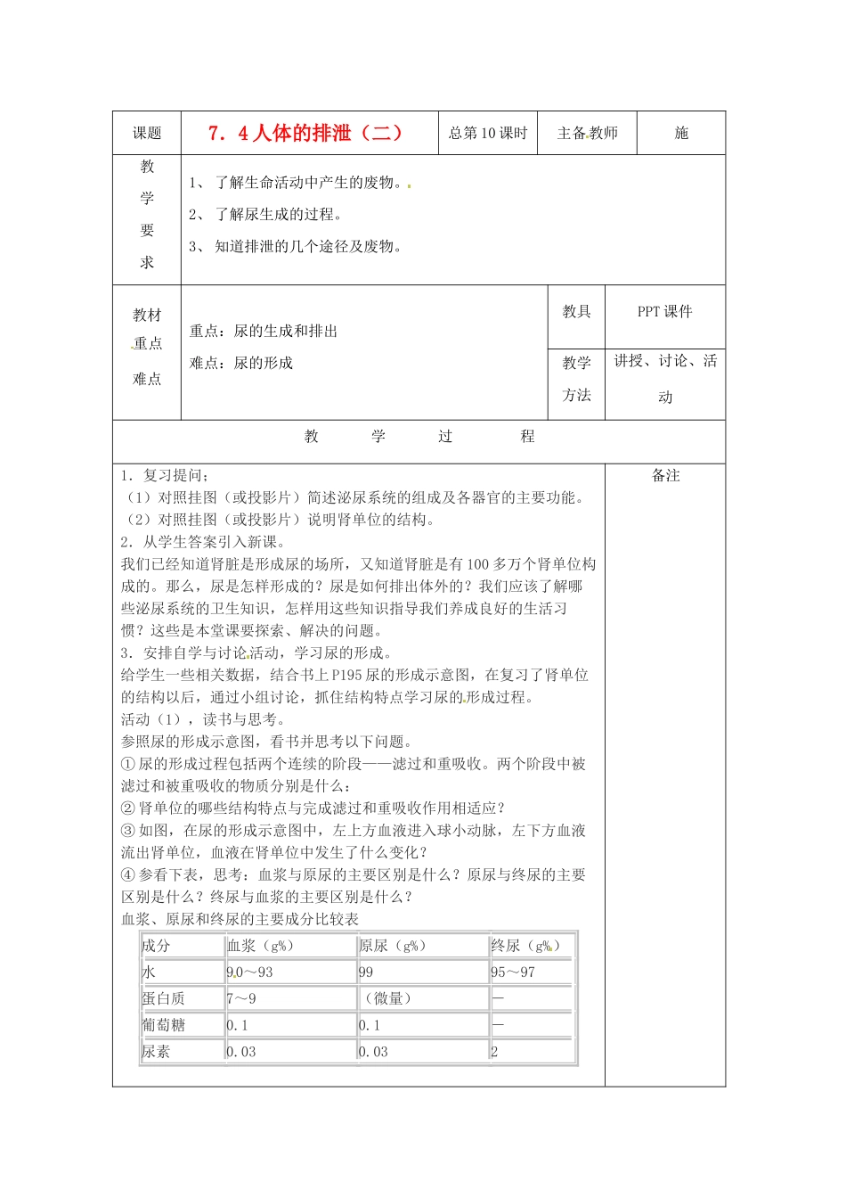 八年级科学上册 7.4 人体的排泄教案（二）华东师大版_第1页
