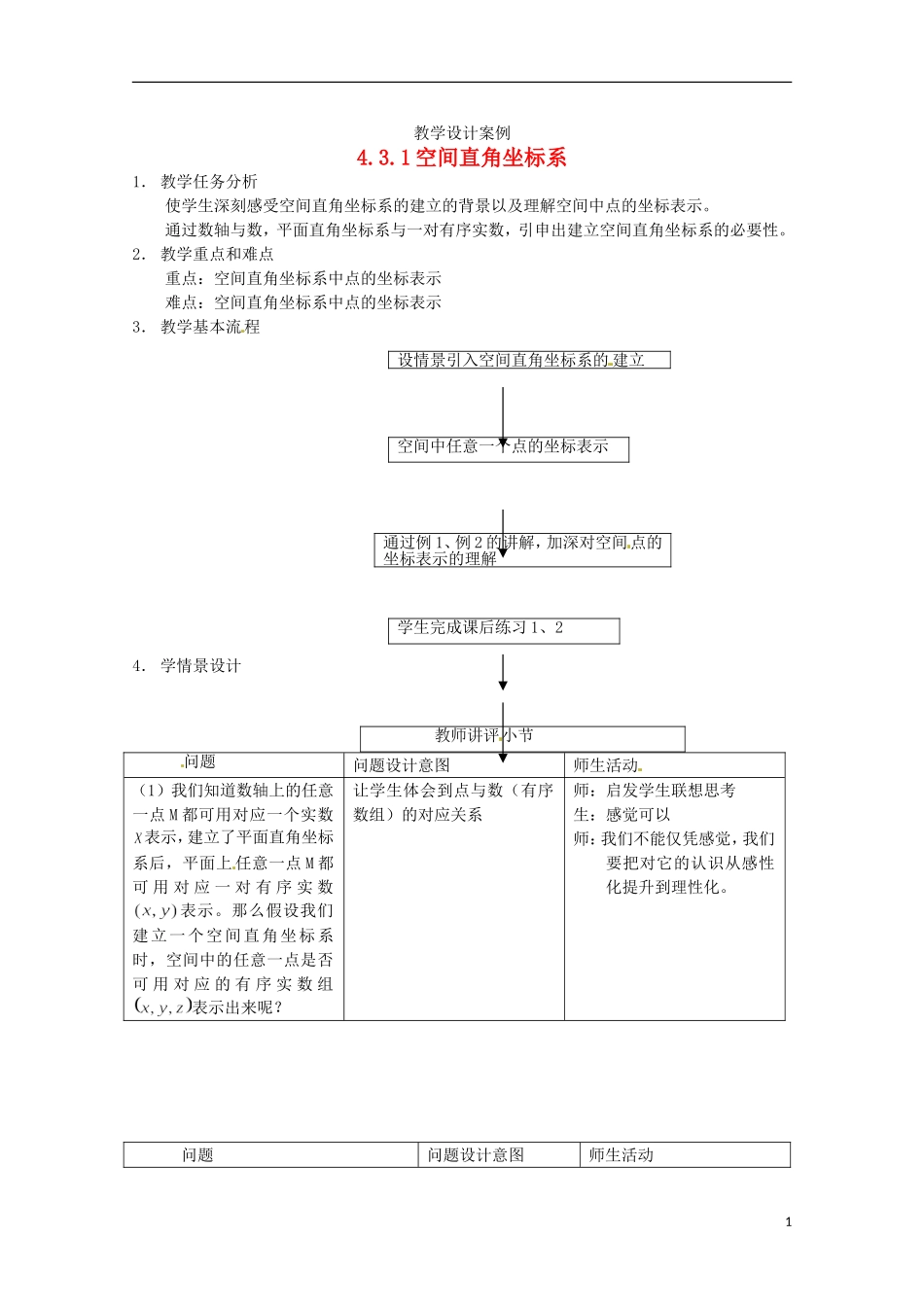 高中数学 4.3.1《空间直角坐标系》教案 新人教A版必修2_第1页