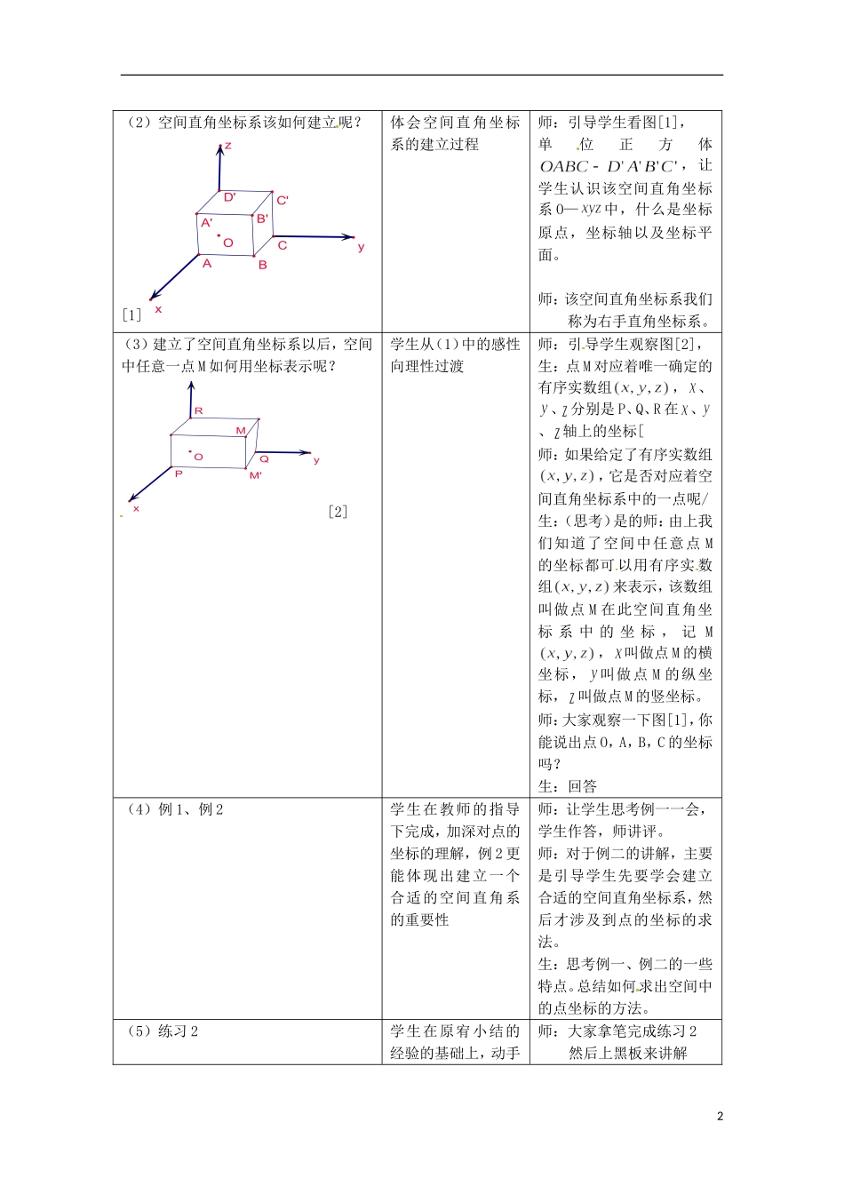 高中数学 4.3.1《空间直角坐标系》教案 新人教A版必修2_第2页