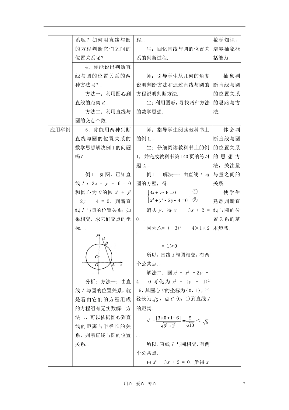 高中数学 4.2.1直线与圆的位置关系教案 新人教A版必修2_第2页