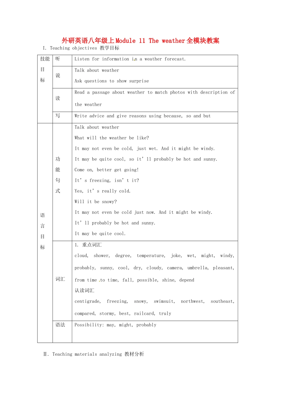 八年级英语上册 Module 11 The weather全模块教案 外研版_第1页
