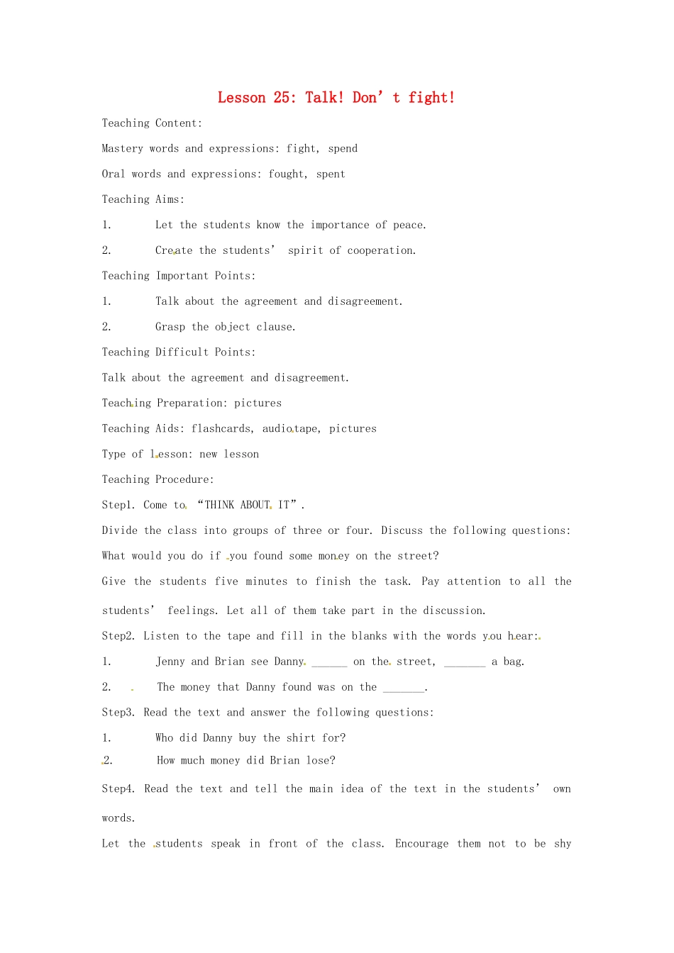九年级英语下册 Lesson 25 Talk! Don’t fight英文教案 冀教版_第1页