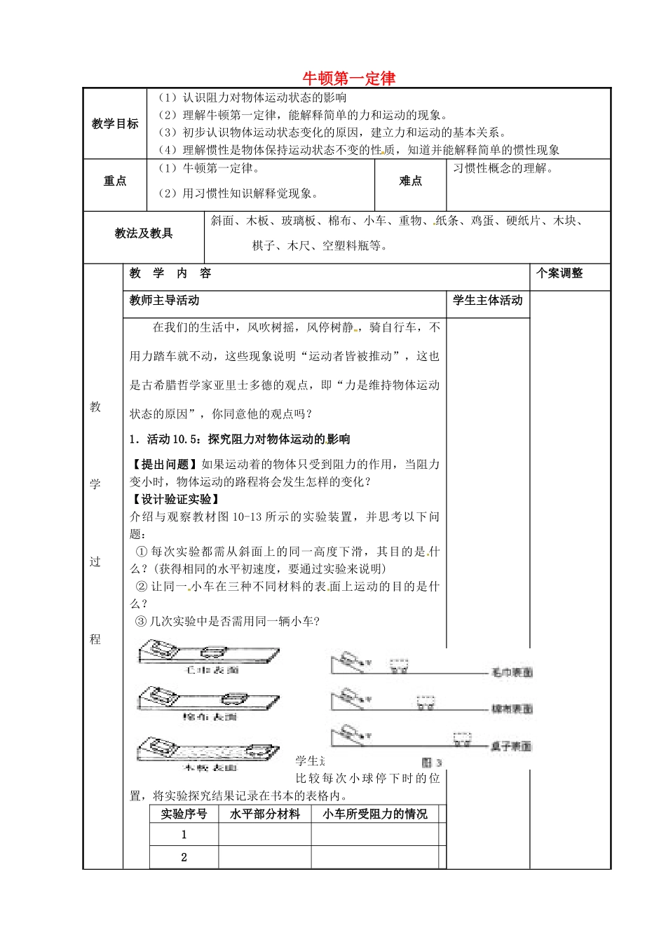 八年级物理下册 9.2 牛顿第一定律（第1课时）教案 苏科版-苏科版初中八年级下册物理教案_第1页
