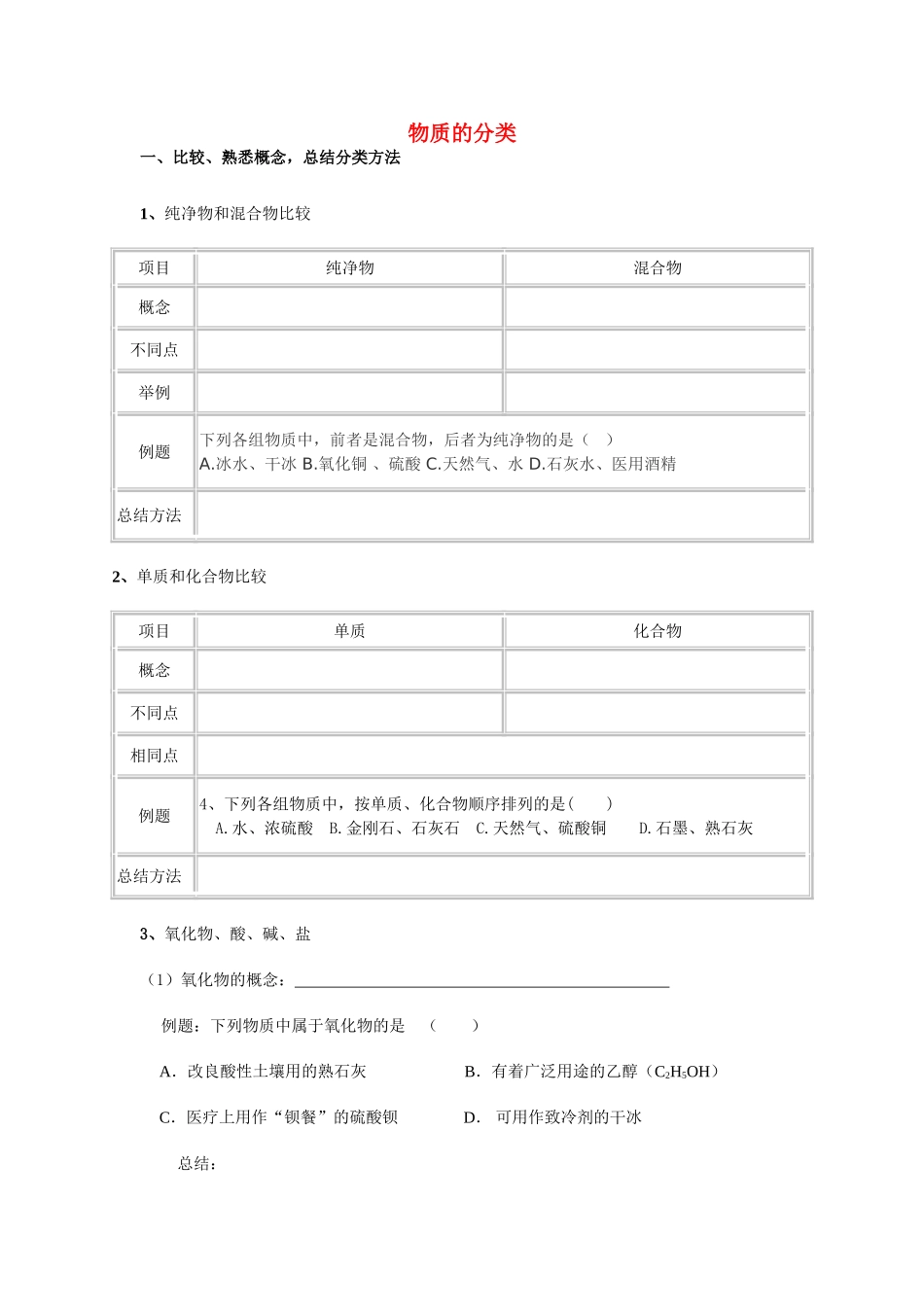 九年级科学：物质的分类复习设计（例题按各种题型分类）_第1页