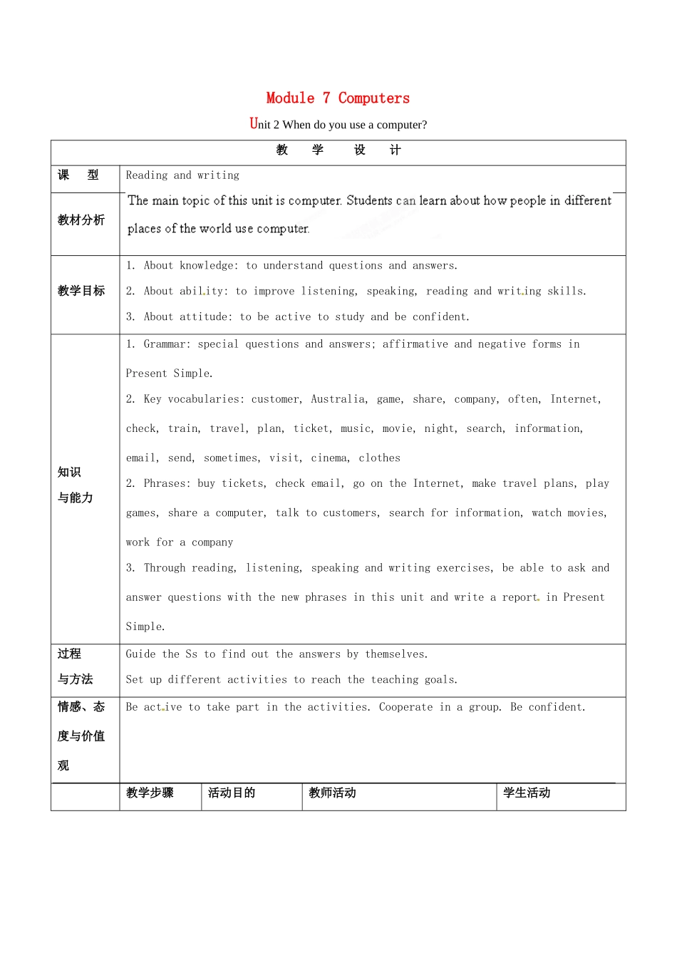 天津市武清区杨村第五中学七年级英语上册《Module 7 Computers Unit 2 When do you use a computer》教案 （新版）外研版_第1页