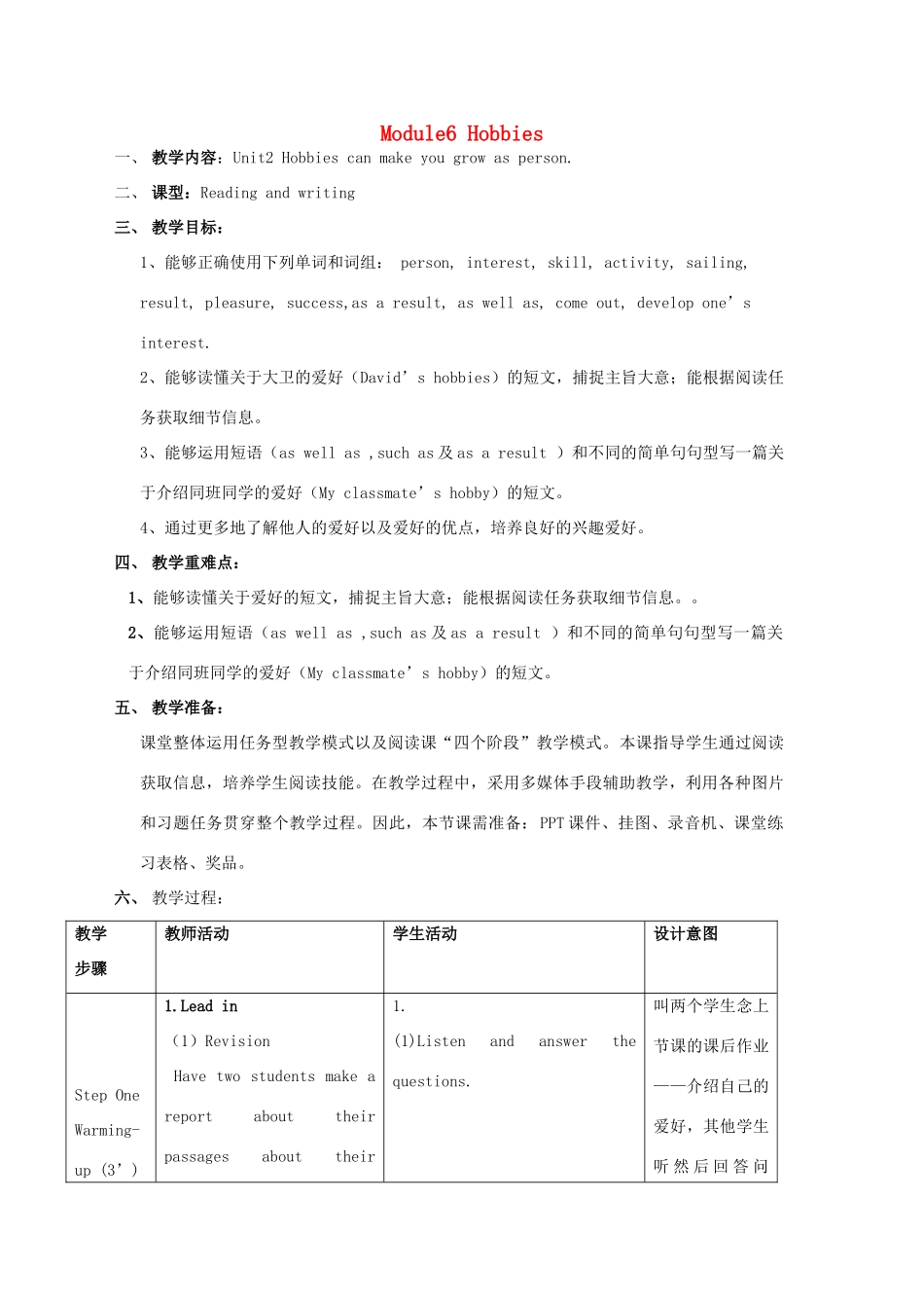八年级英语下册 Module 6 Unit 2 Hobbies can make you grow as a person教案 （新版）外研版-（新版）外研版初中八年级下册英语教案_第1页