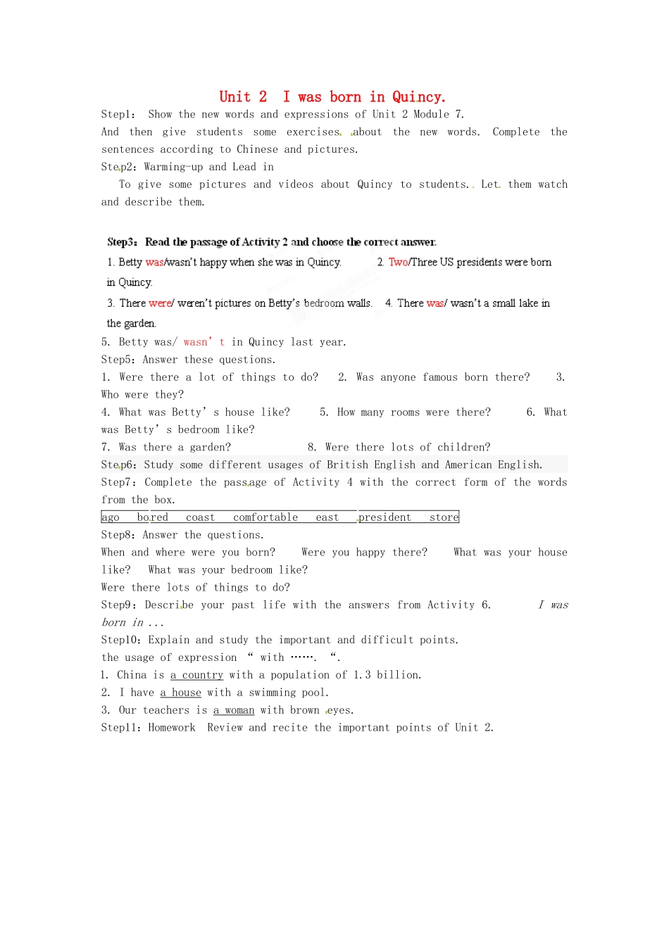 天津市武清区杨村第五中学七年级英语下册《Module 7 My past life Unit 2 I was born in Quincy.》教案 （新版）外研版_第1页