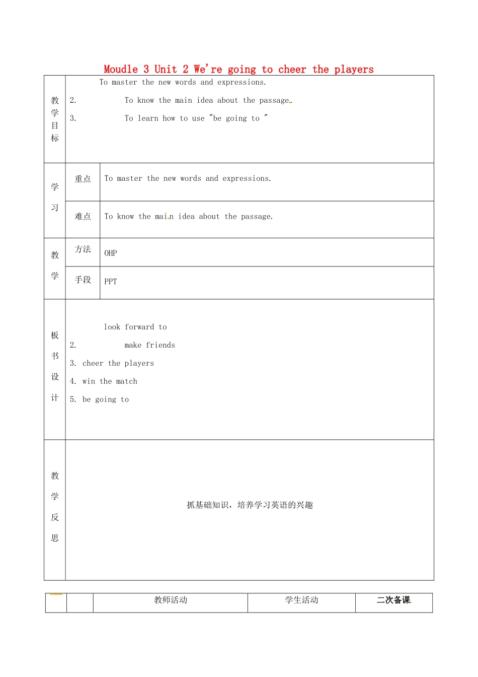七年级英语下册 Moudle 3 Unit 2 We're going to cheer the players教案2 （新版）外研版-（新版）外研版初中七年级下册英语教案_第1页