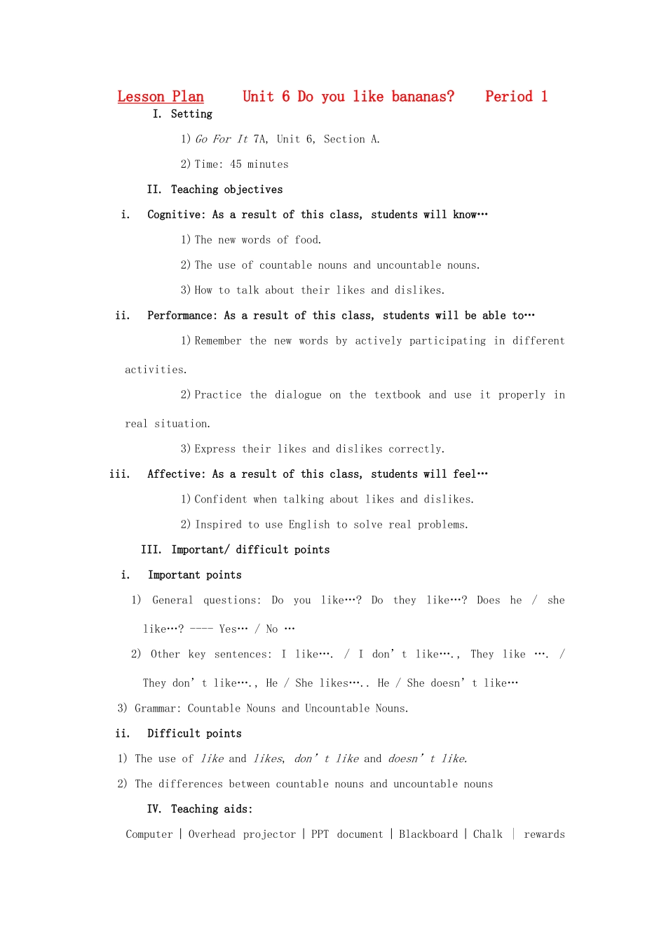 七年级英语上册 Unit6 do you like bananas 教学设计人教新目标版_第1页