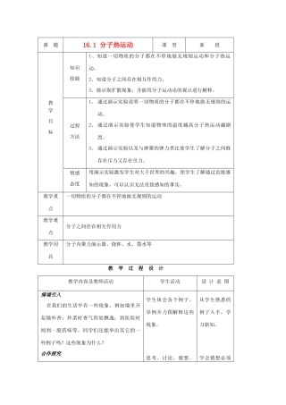 九年级物理下册 第十六章 第一节 分子热运动教案 人教新课标版