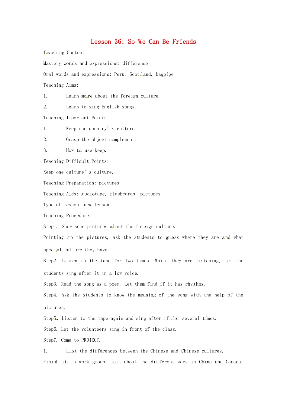 九年级英语下册 Lesson 36 So W e Can Be Friends英文教案 冀教版_第1页