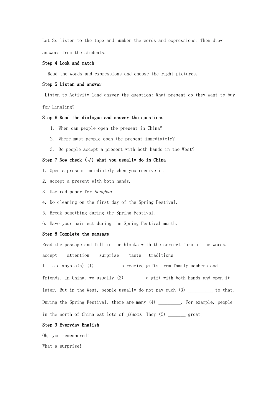 八年级英语上册 Module 11 Way of life Unit 1 In China we open a gift later教案 （新版）外研版-（新版）外研版初中八年级上册英语教案_第2页