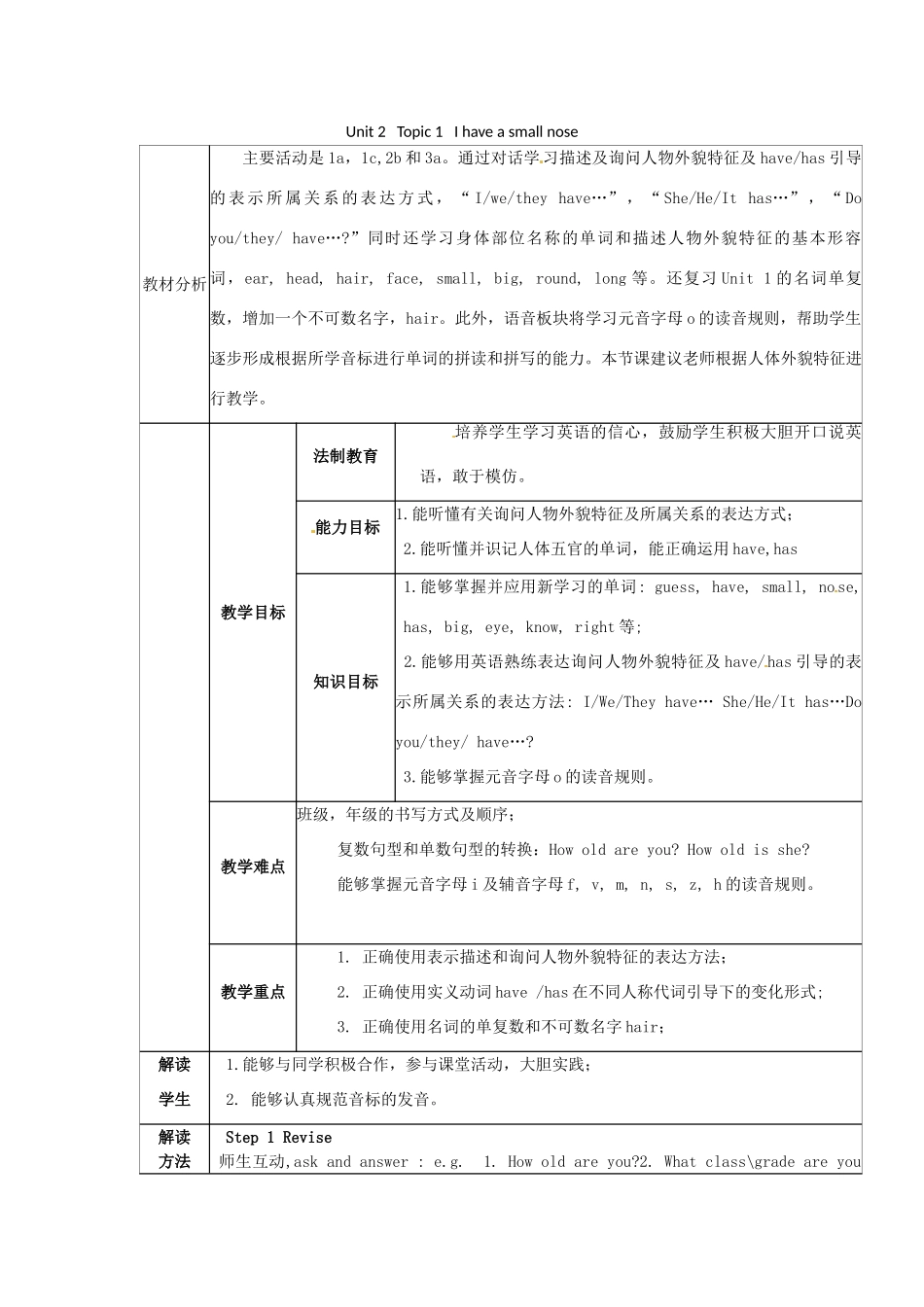 七年级英语上册《Unit 2 Topic 1 I have a small nose Section A》教案 （新版）仁爱版-（新版）仁爱版初中七年级上册英语教案_第1页