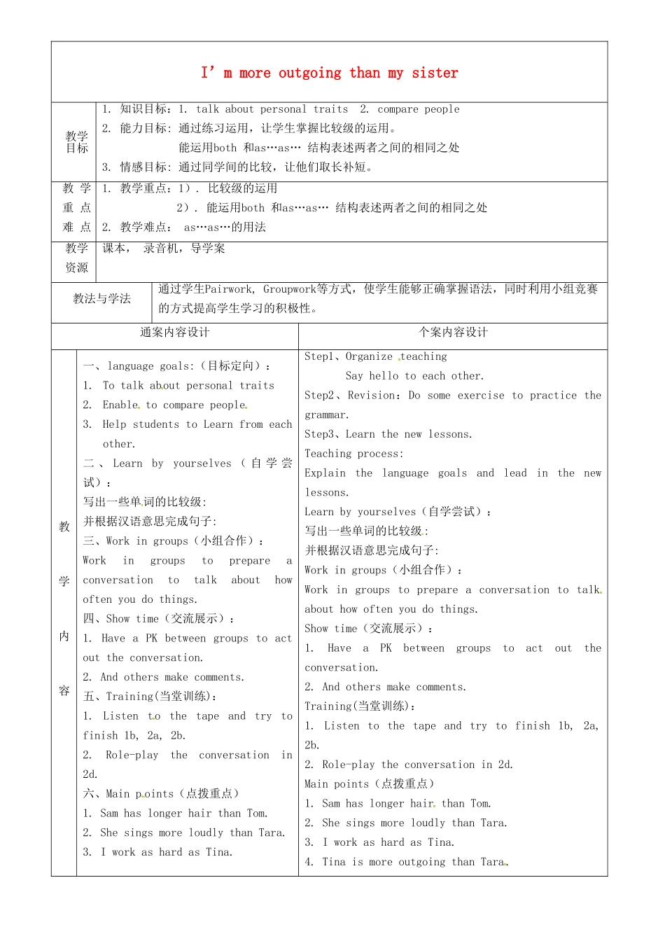 七年级英语上册 Unit 7 I’m more outgoing than my sister教案1 鲁教版五四制-鲁教版五四制初中七年级上册英语教案_第1页