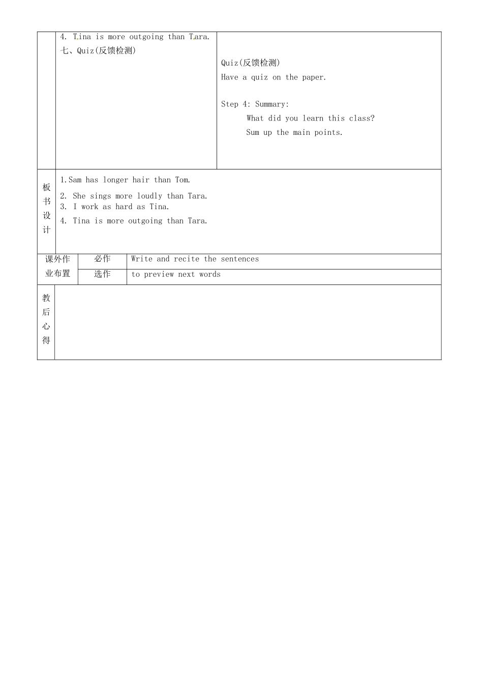 七年级英语上册 Unit 7 I’m more outgoing than my sister教案1 鲁教版五四制-鲁教版五四制初中七年级上册英语教案_第2页