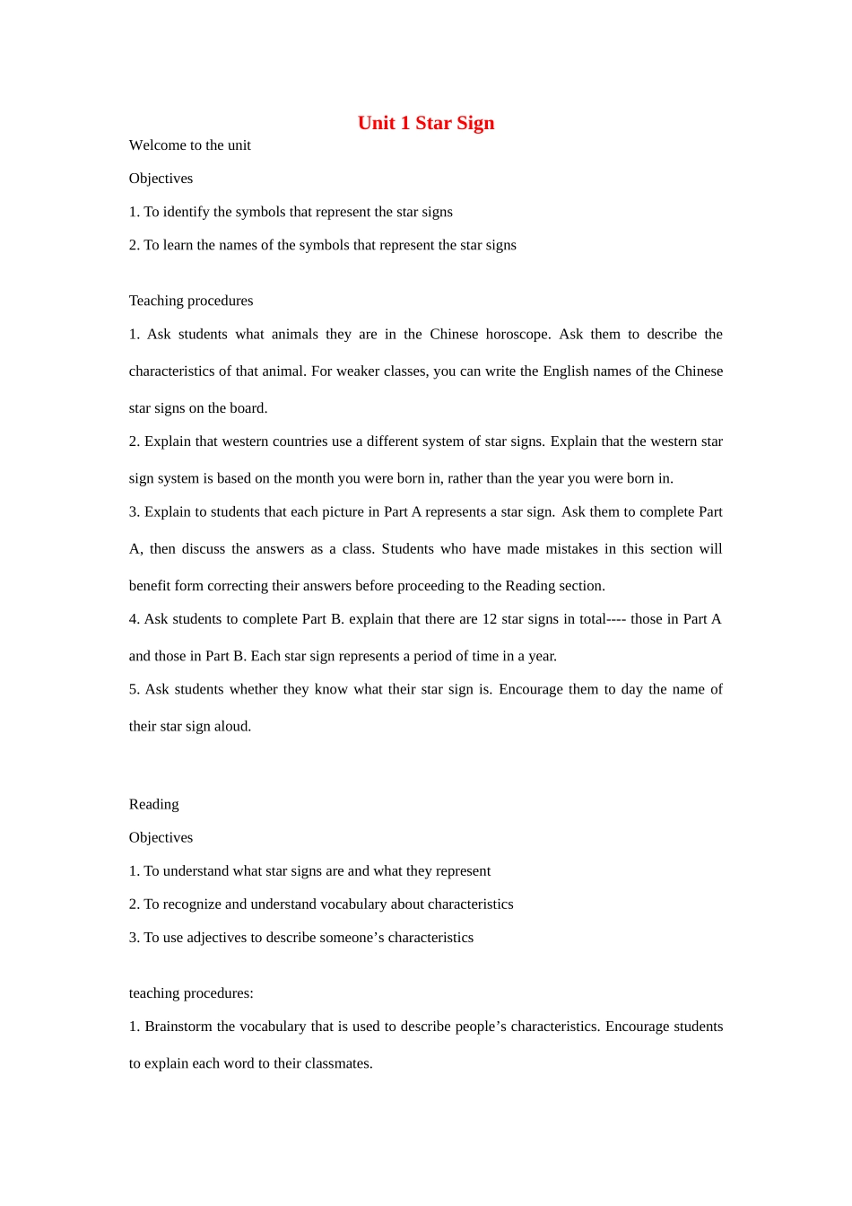 九年级英语上：Unit 1 Star signs全单元教案牛津版_第1页
