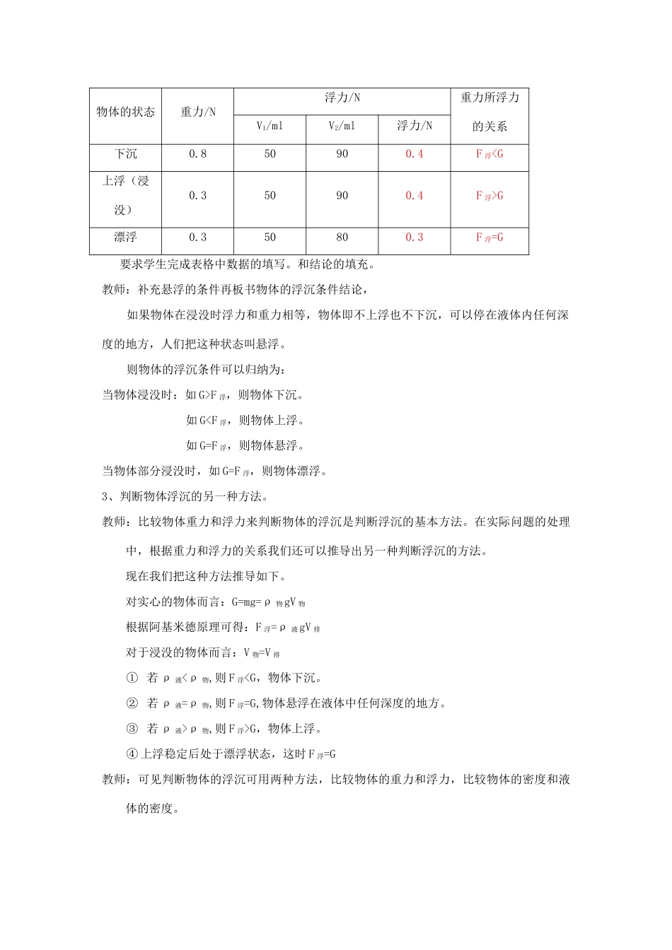 八年级物理下册 第十章《五 物体的浮与沉》教案 苏科版-苏科版初中八年级下册物理教案_第3页