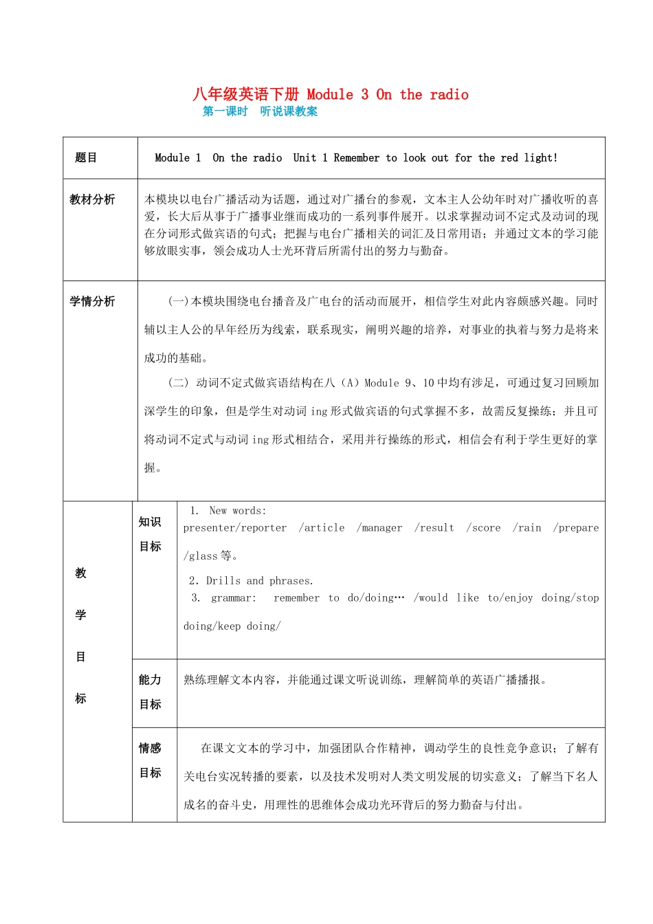 八年级英语下册 Module 3 On the radio备课教案 外研版_第1页