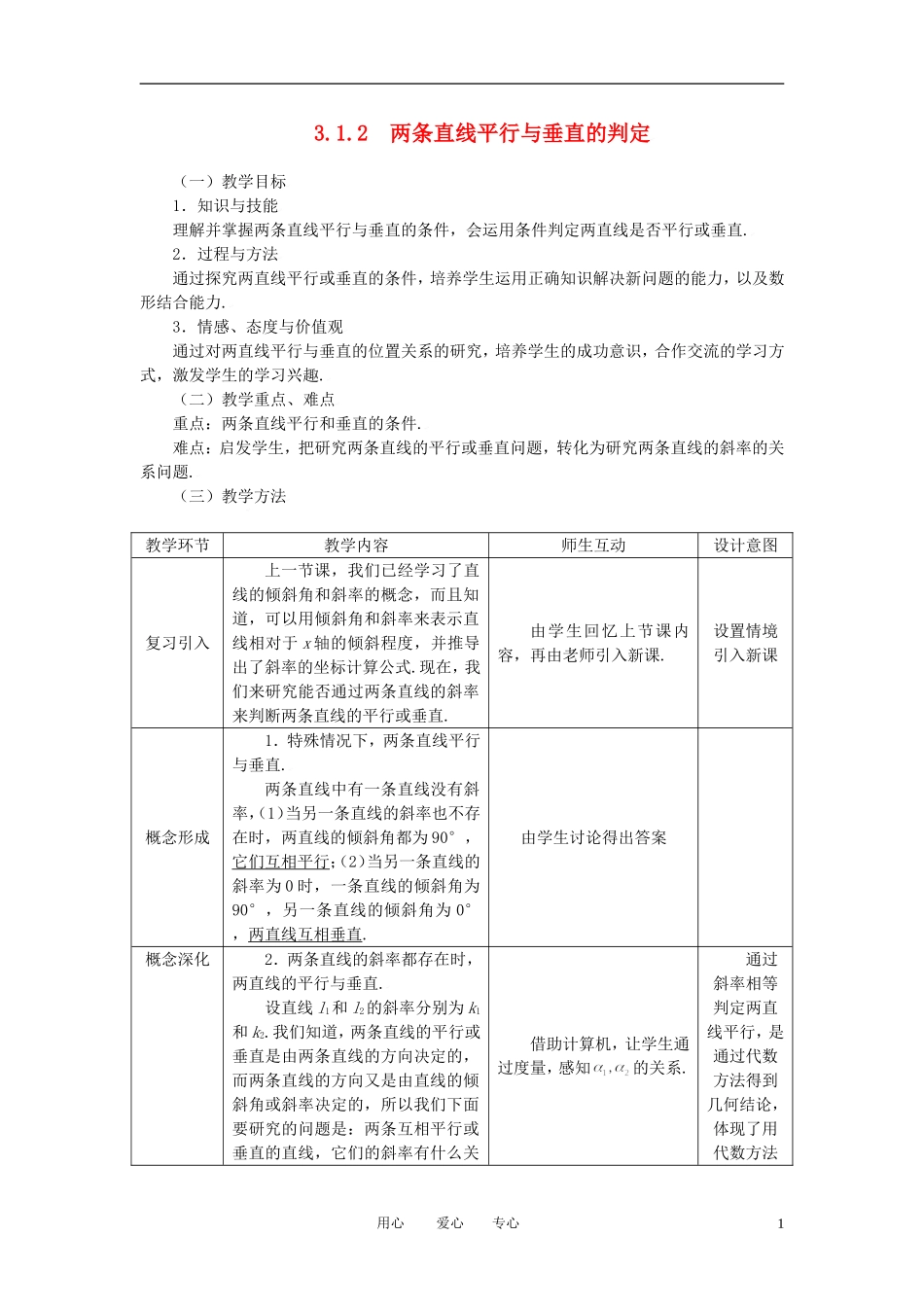 高中数学 3.1.2两条直线平行与垂直的判定全册精品教案 新人教A版必修2_第1页