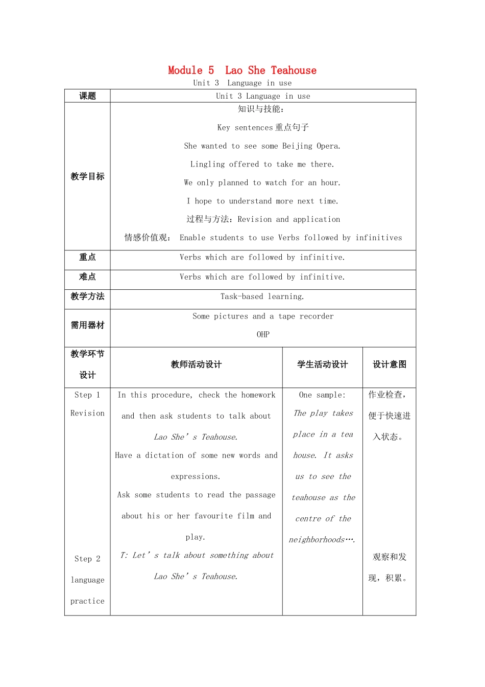 学年八年级英语上册 Module 5 Lao She’s Teahouse Unit 3 Language in use教案 （新版）外研版-（新版）外研版初中八年级上册英语教案_第1页