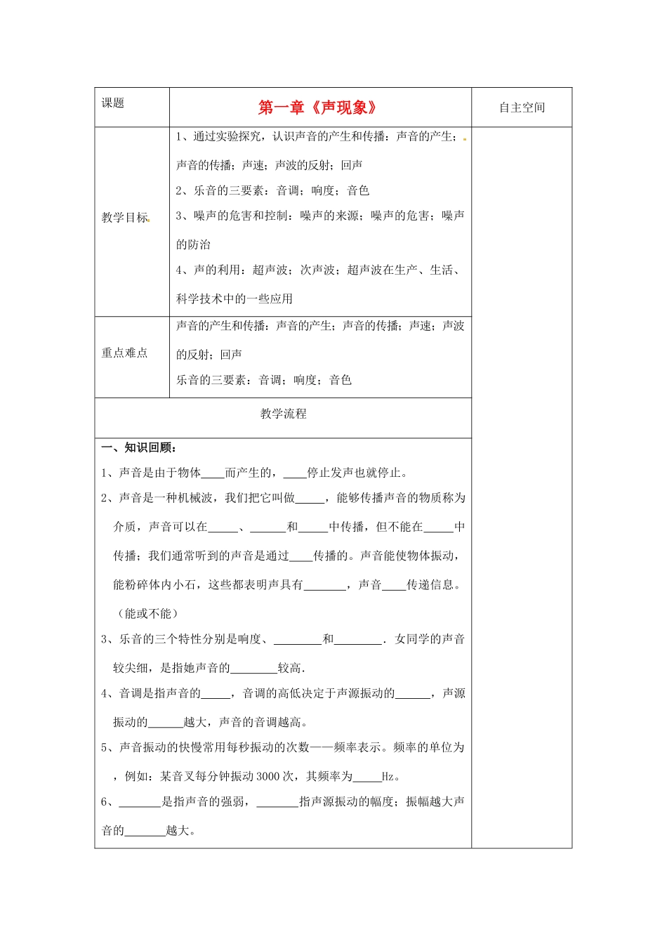 八年级物理上册 第一章 声现象复习教案 （新版）苏科版-（新版）苏科版初中八年级上册物理教案_第1页