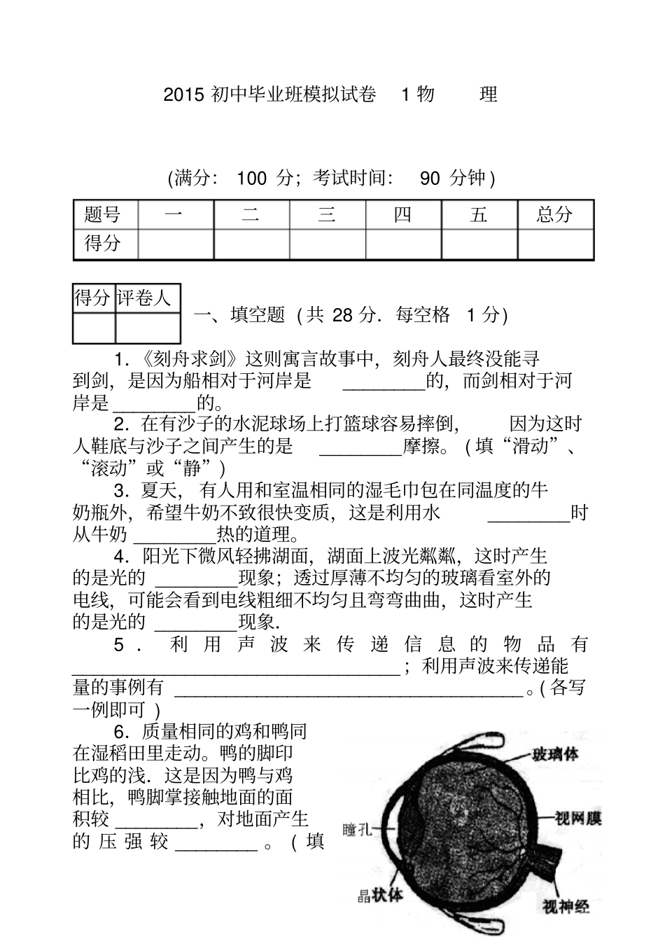 2015初中毕业班模拟试卷1物理_第1页