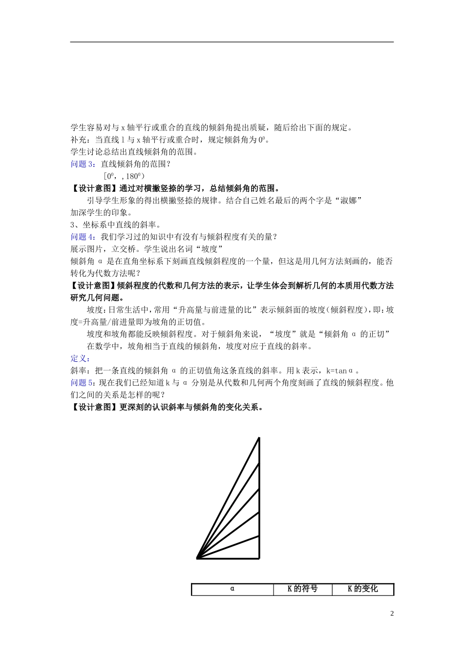 高中数学 3.1.1直线的倾斜角与斜率教学设计 新人教A版必修2-新人教A版高一必修2数学教案_第2页
