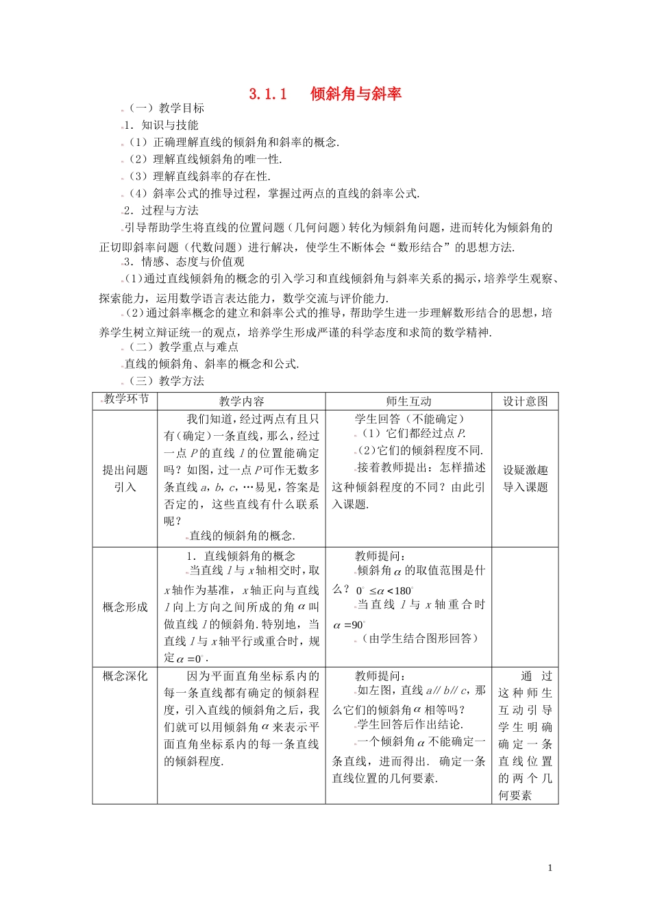 高中数学 3.1.1倾斜角与斜率精品教案 新人教A版必修2_第1页