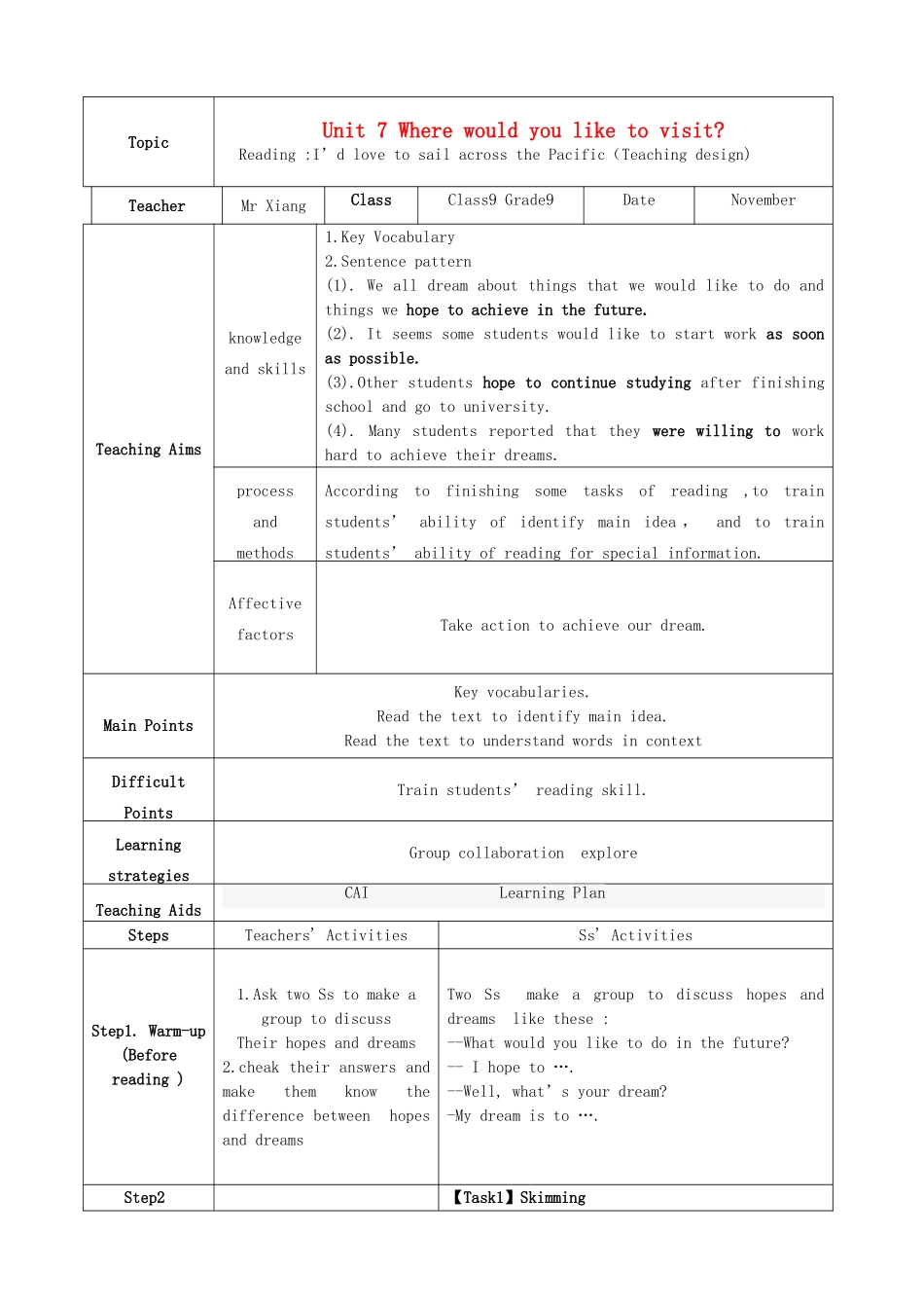九年级英语 unit7 reading 教学设计 人教新目标版_第1页