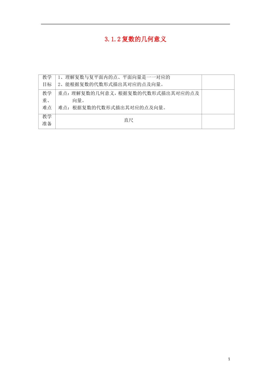 高中数学 3.1 数系的扩充与复数的概念 3.1.2 复数的几何意义教案 文 新人教A版选修2-2-新人教A版高二选修2-2数学教案_第1页