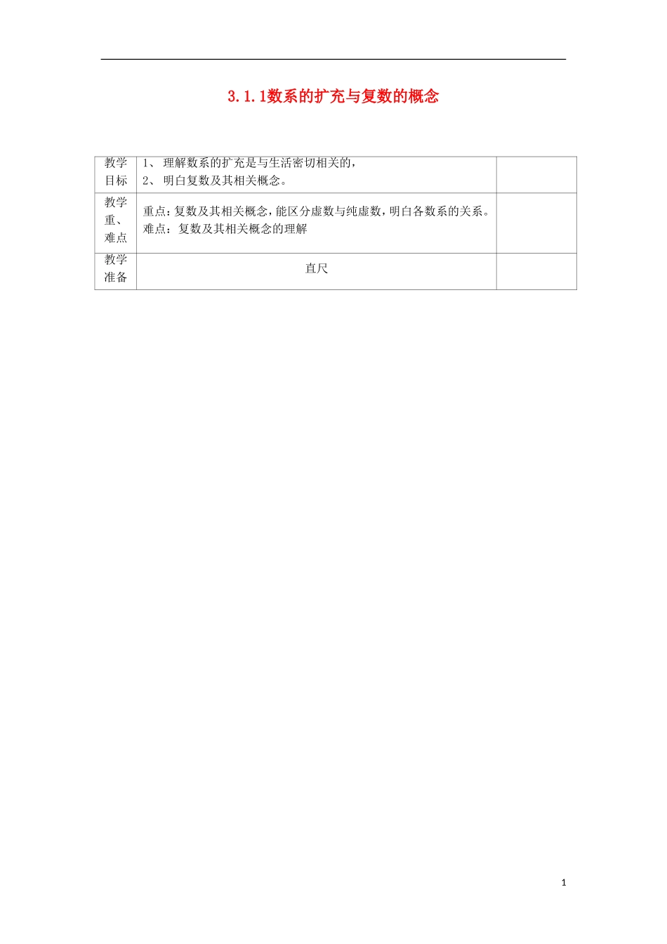 高中数学 3.1 数系的扩充与复数的概念 3.1.1 数系的扩充与复数的概念教案 文 新人教A版选修2-2-新人教A版高二选修2-2数学教案_第1页