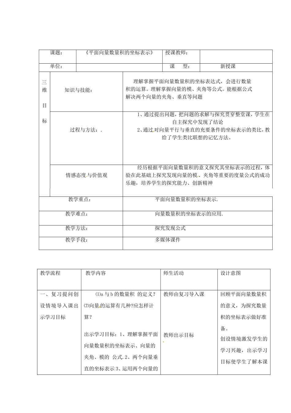 高中数学 2.6《平面向量数量积的坐标表示》说课教案 北师大版必修4-北师大版高二必修4数学教案_第3页