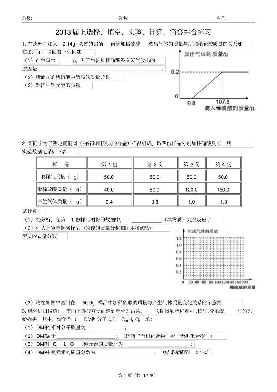 2015届上初三化学期末复习——选择、填空、试验、计算、简答综合练习解读_第1页
