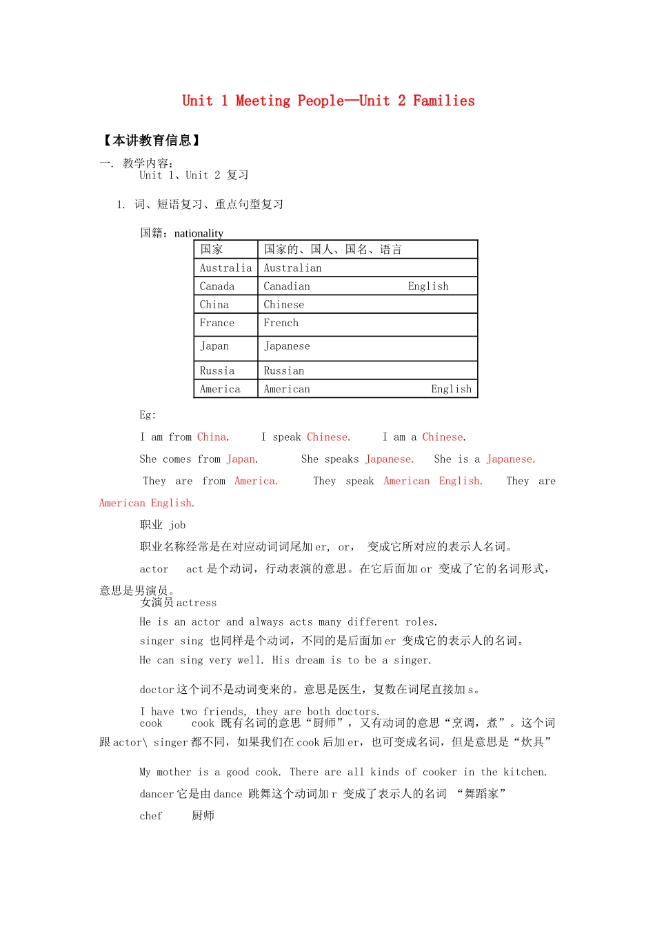 七年级英语上：Unit 1 Meeting People—Unit 2 Families复习教案北师大版_第1页