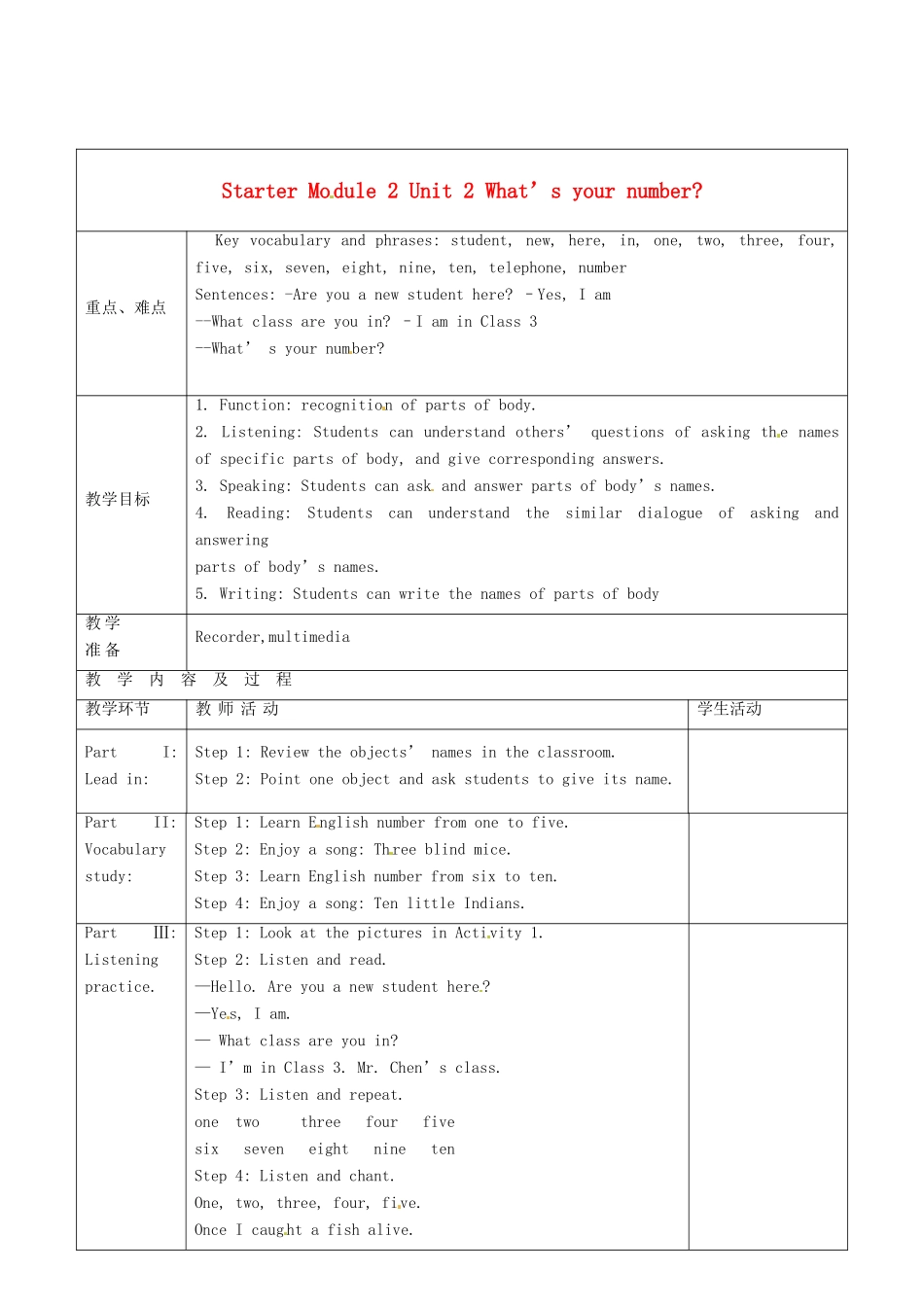 七年级英语上册 Starter Module 2 Unit 2 What’s your number教案 （新版）外研版-（新版）外研版初中七年级上册英语教案_第1页