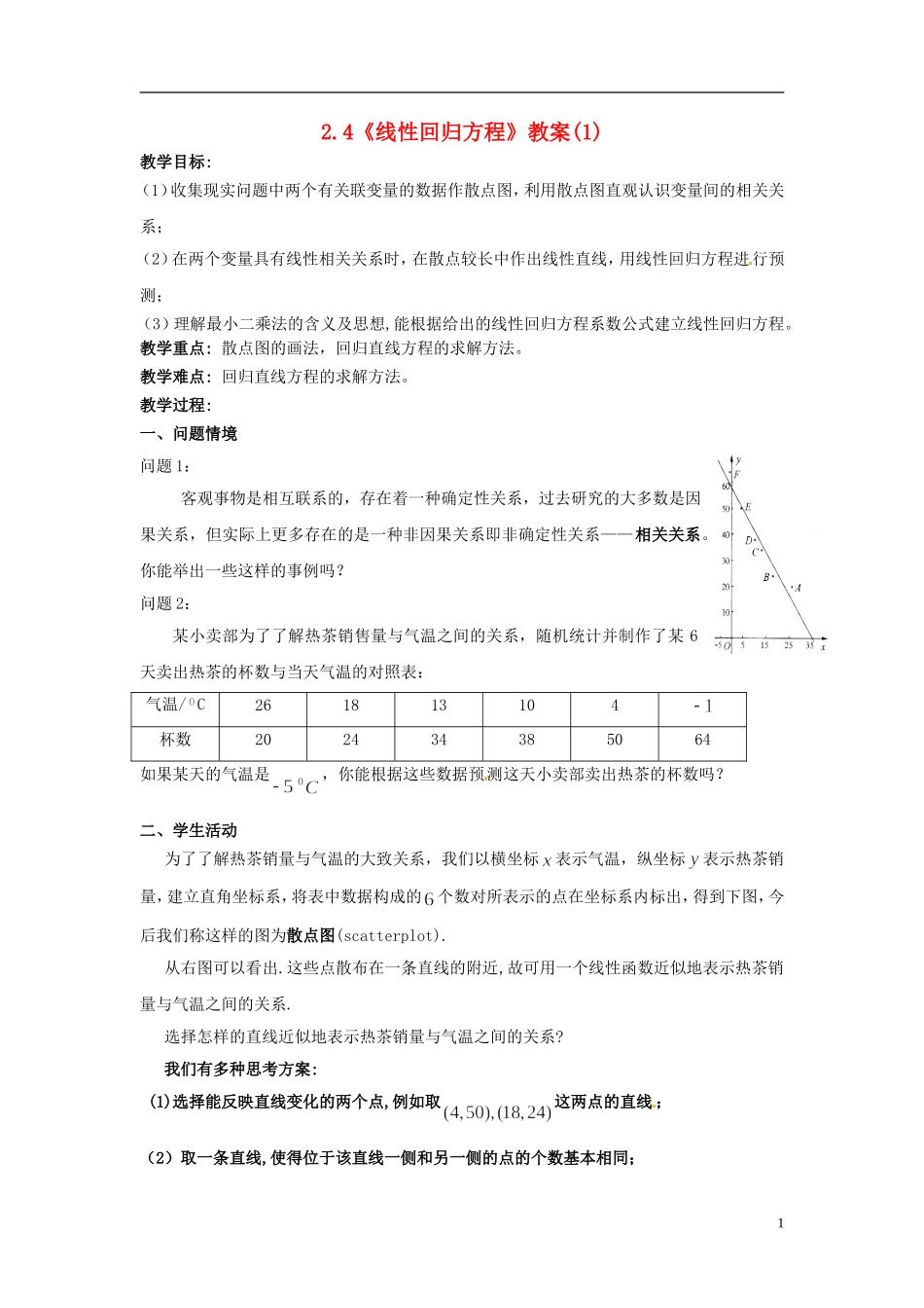 高中数学 2.4《线性回归方程》教案（1） 苏教版必修3_第1页