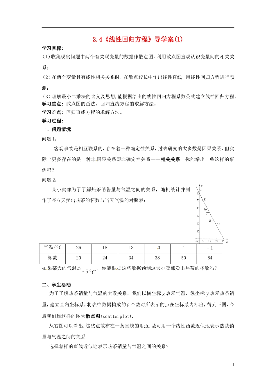 高中数学 2.4《线性回归方程》导学案（1） 苏教版必修3_第1页