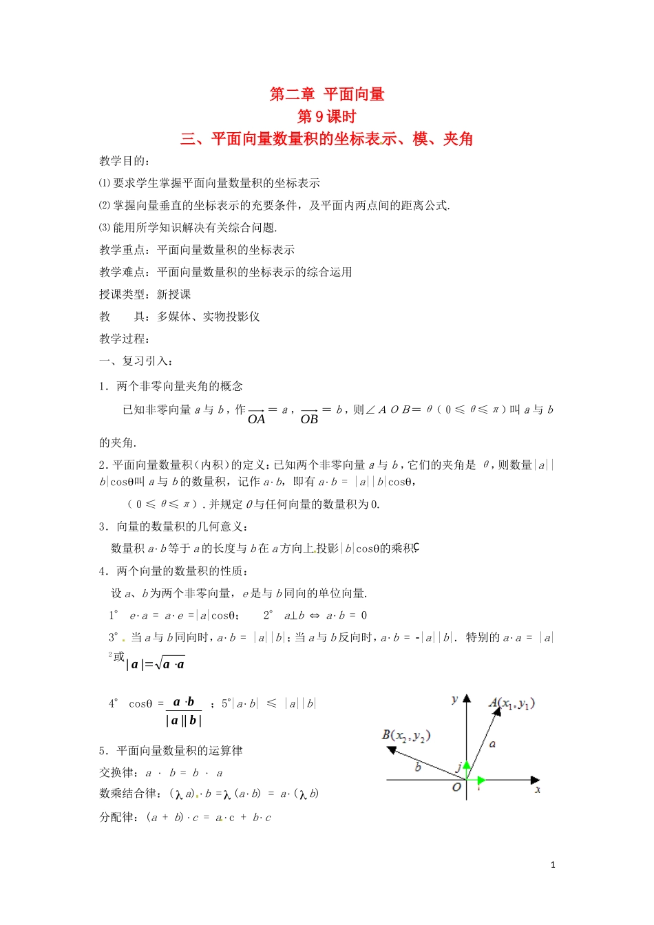 高中数学 2.4《平面向量数量积的坐标表示、模、夹角》教案 新人教A版必修4_第1页