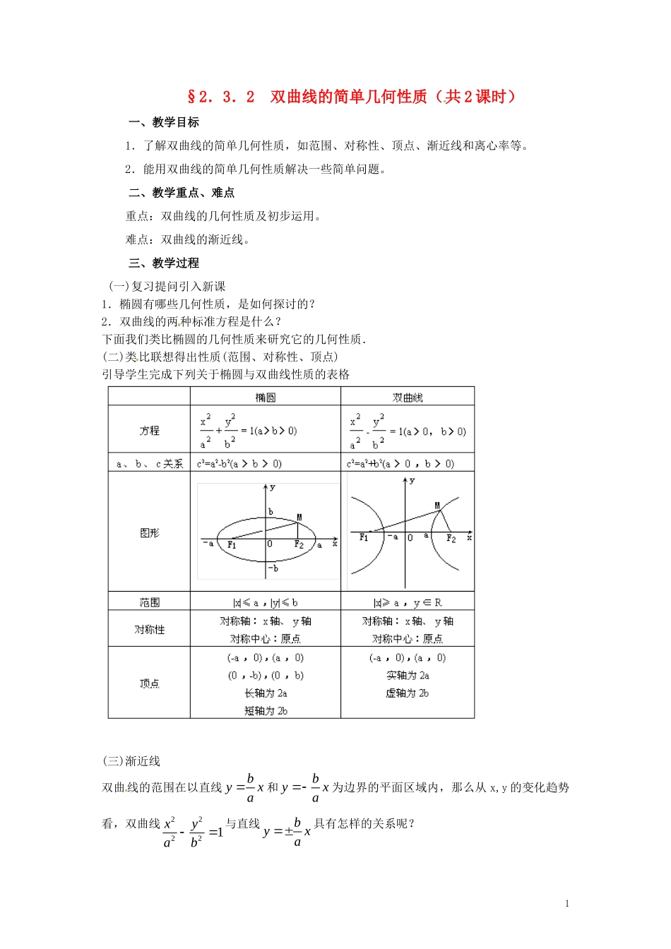 高中数学 2.3.2 双曲线的简单几何性质（共2课时）教案 苏教版选修1-1_第1页